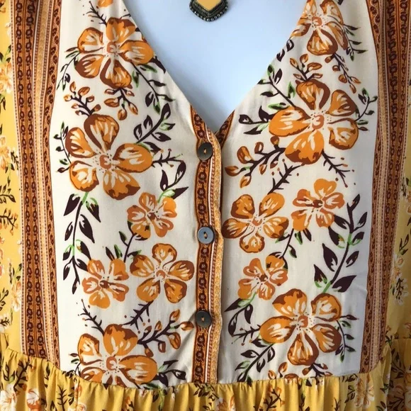 Kirundo Mini Dress Bohemian Short Sleeve Size Large Mustard Floral New - Picture 3 of 13